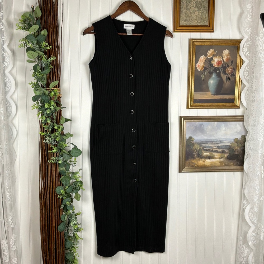 Vintage 90s Y2K Nancy Keegan Black Ribbed Maxi Dress Button Front Pockets